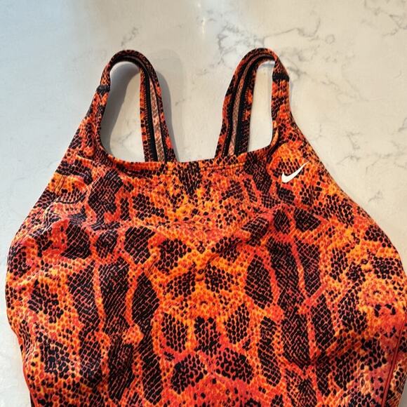 Nike orange black cutout snake print swimsuit swim meet PE class classic style - Picture 2 of 12